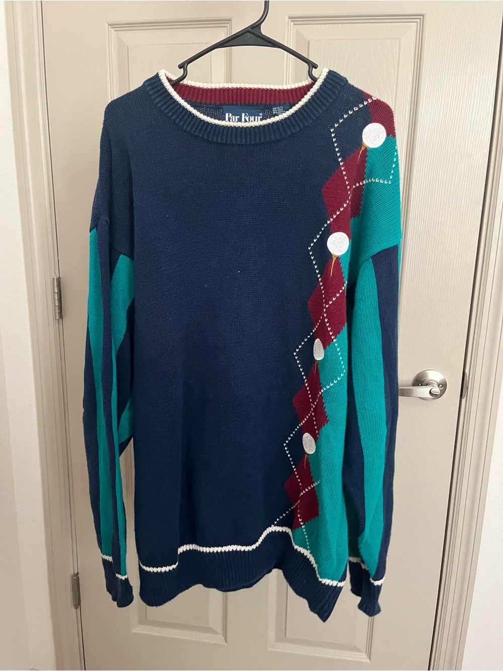 Par Four Golf Navy Crewneck Sweater with Teal & Burgundy Argyle Accents